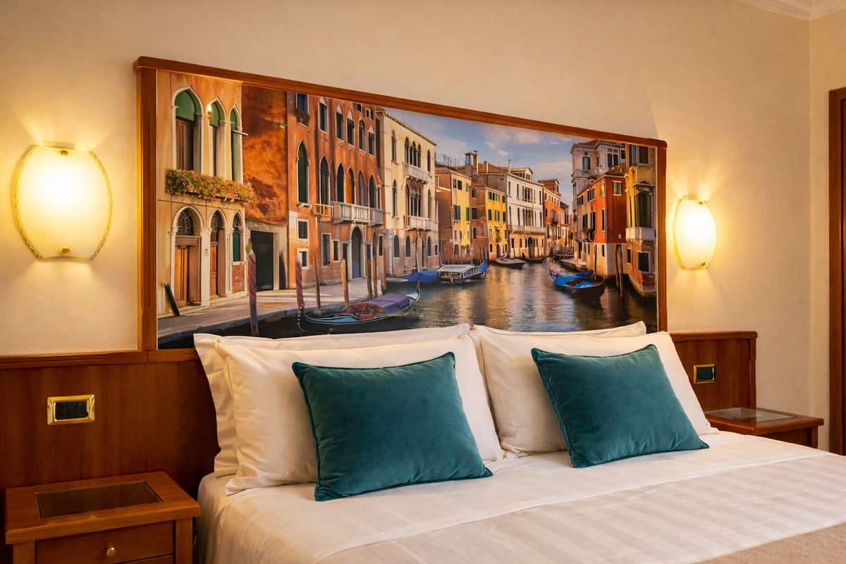 A hotel room with a large painting of a canal scene, two bedside tables with lamps, and a bed with teal pillows.