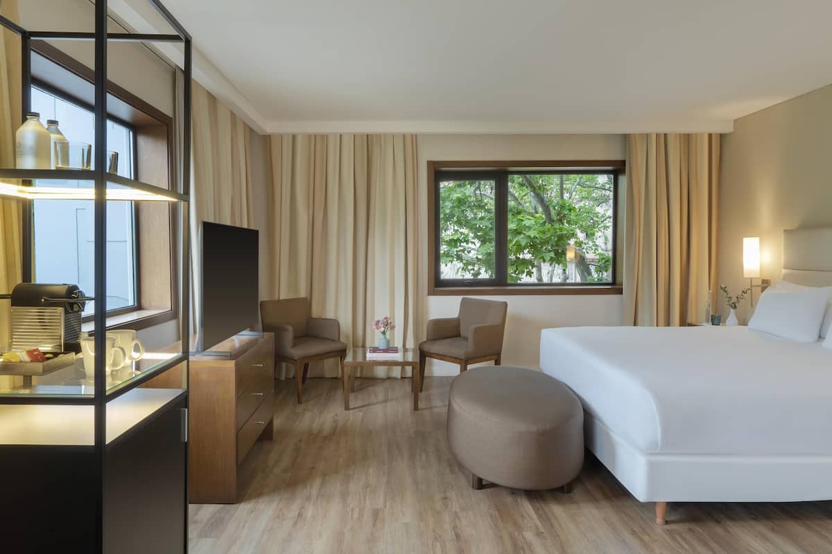 A hotel room with a large bed, two armchairs, a small table, a TV, and a window with curtains.