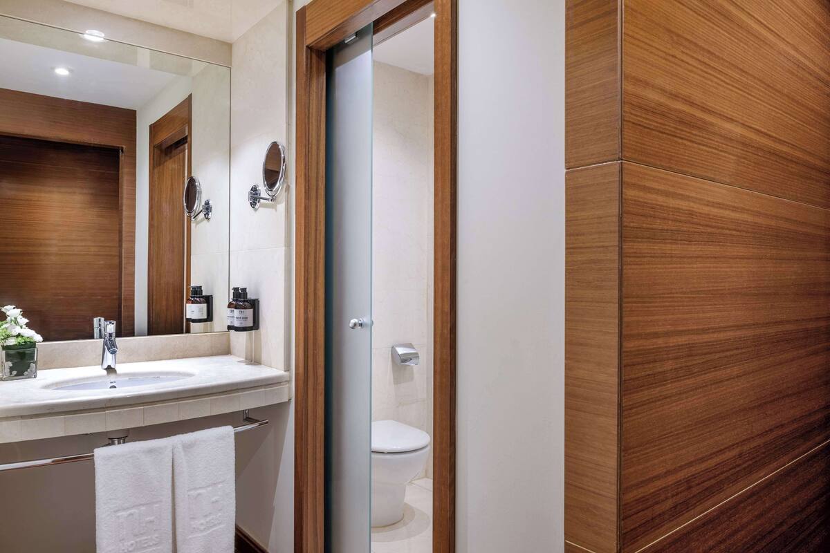 bathtub, eco-friendly toiletries, hair dryer, bidet