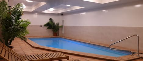 An indoor swimming pool with wooden loungers and potted plants.
