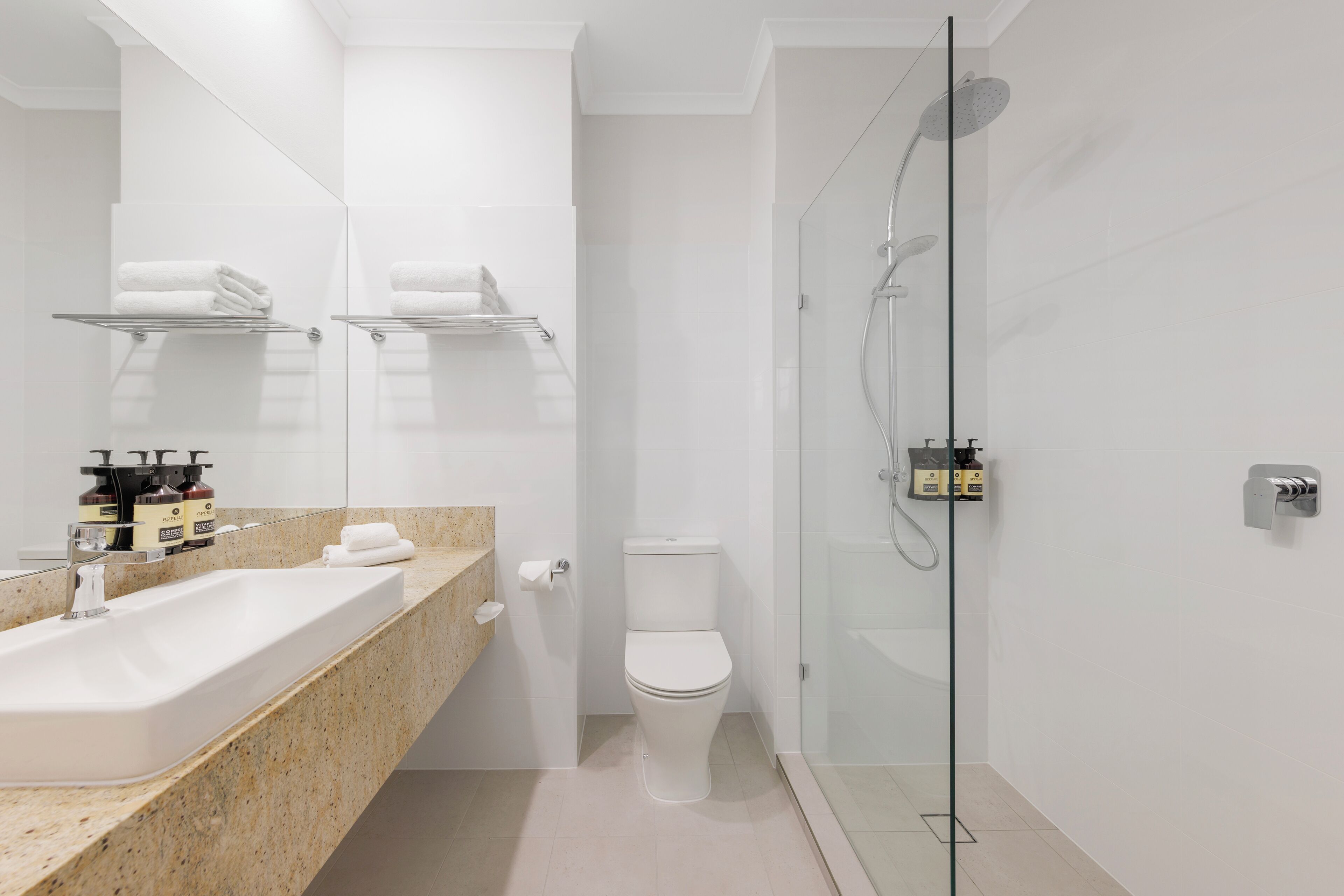 Une salle de bain moderne avec un grand lavabo, des toilettes et une douche à parois de verre.