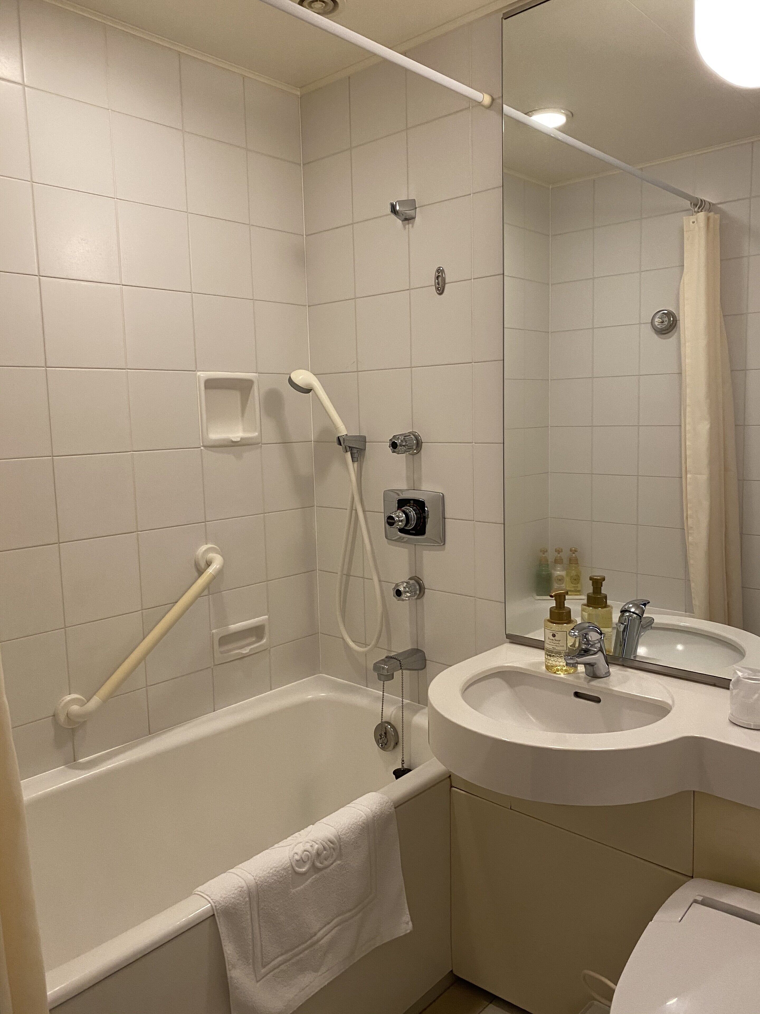 A bathroom with a bathtub, a shower, a sink, and a mirror.