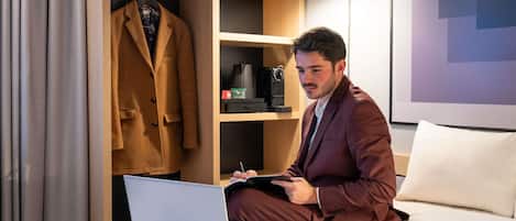 Premium bedding, desk, blackout curtains, soundproofing