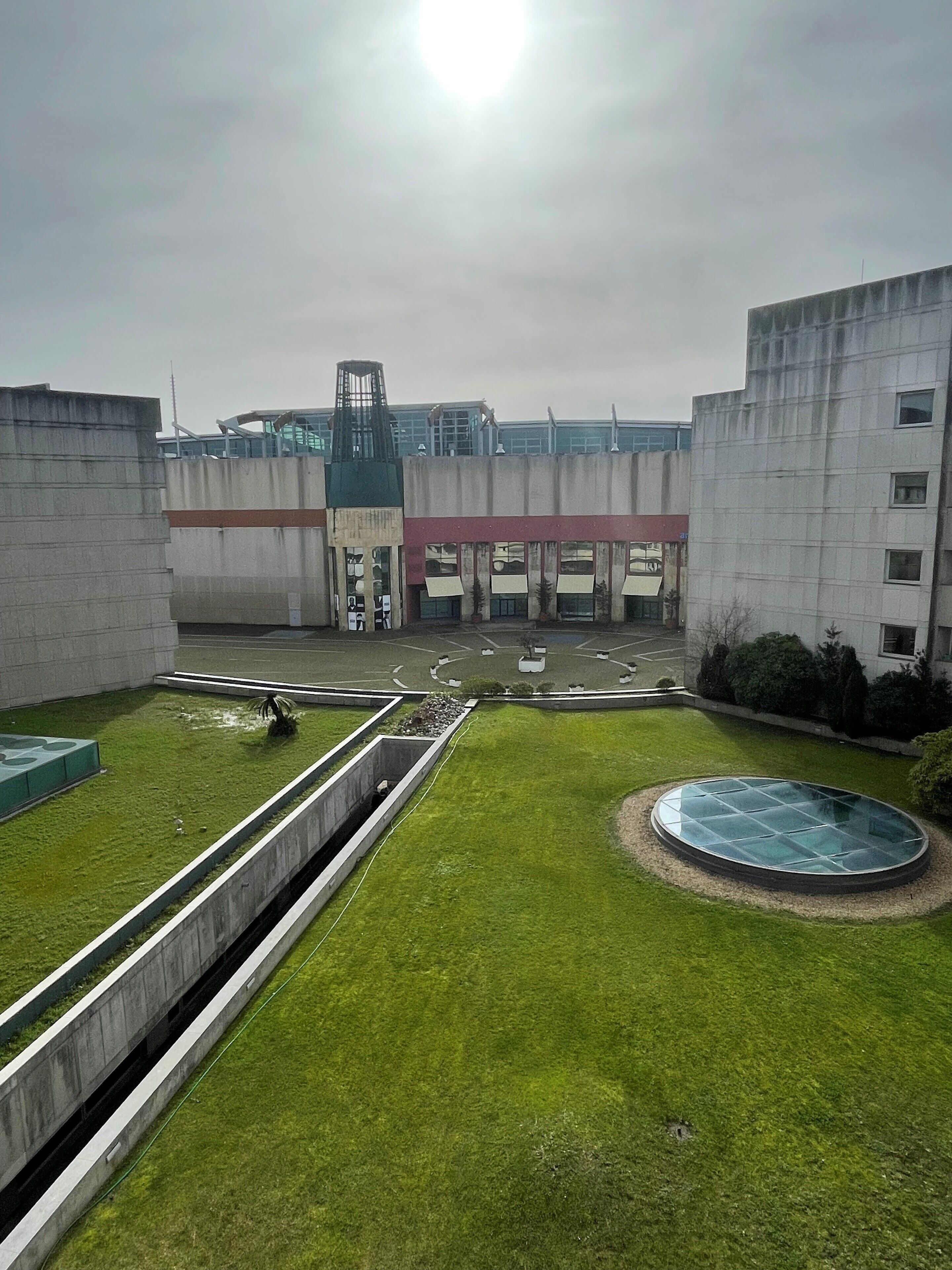Un jardin sur le toit avec une piscine, une petite fontaine et une vue sur un immeuble à la façade en verre.