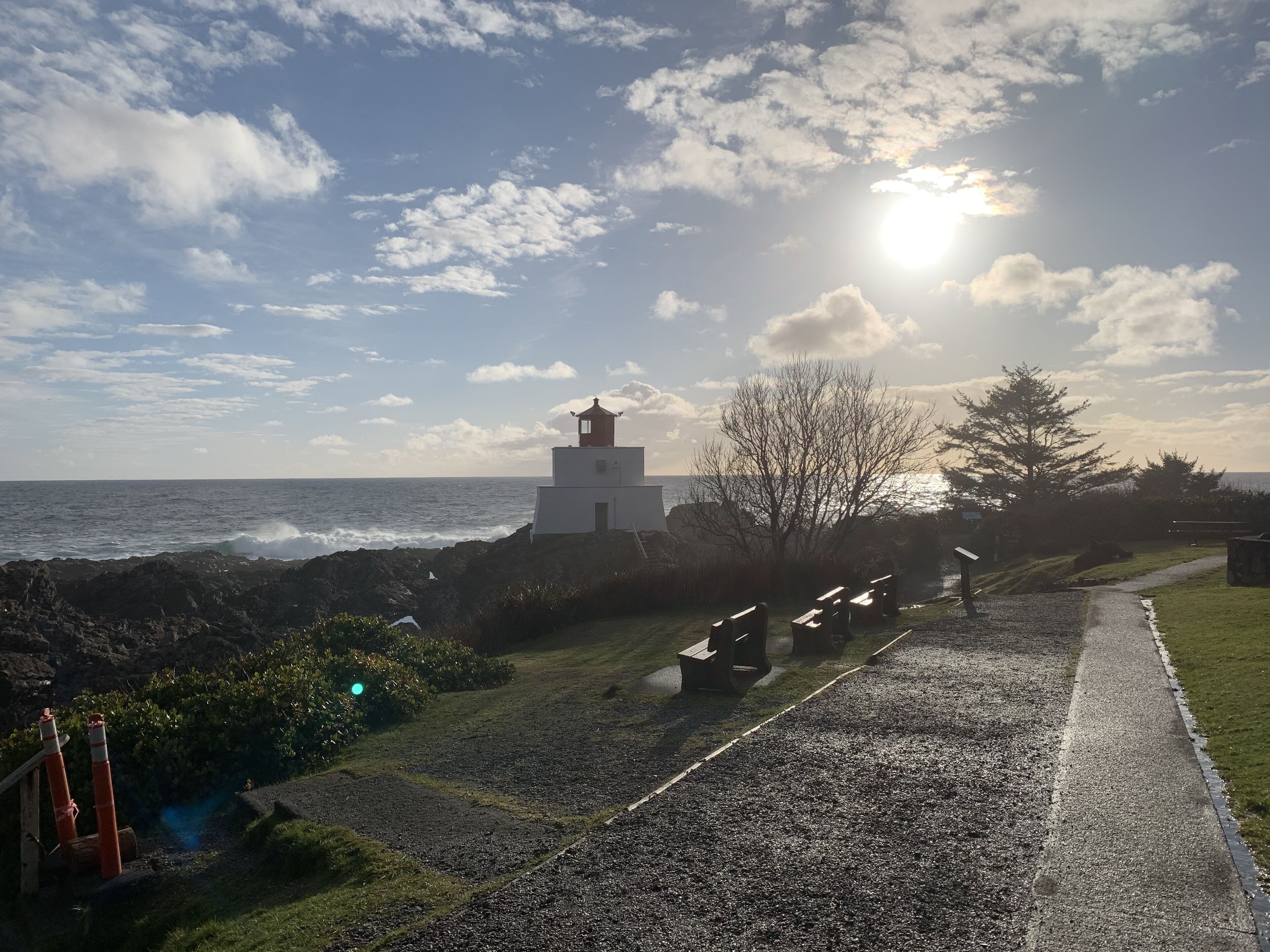 Une vue sur la côte, avec un phare, une côte rocheuse et un sentier menant à des bancs.