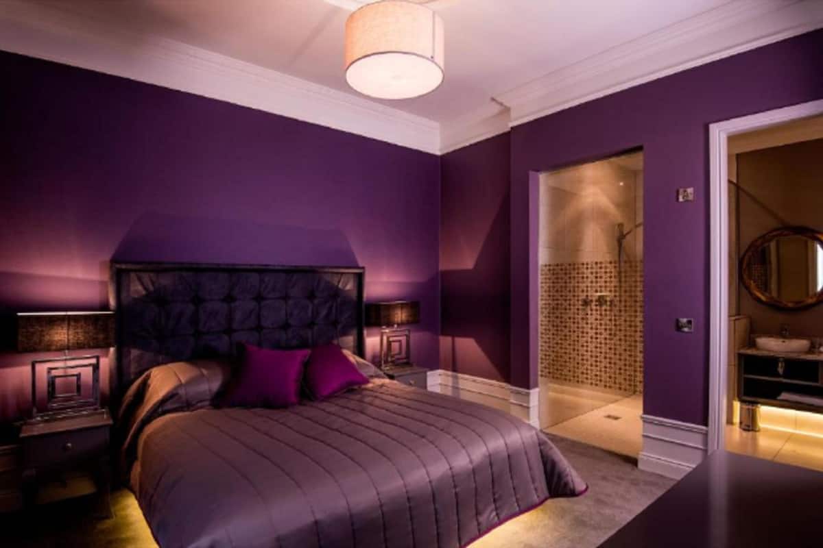 Een slaapkamer met een groot bed, paarse muren, een hoofdbord en een nachtkastje met een lamp.