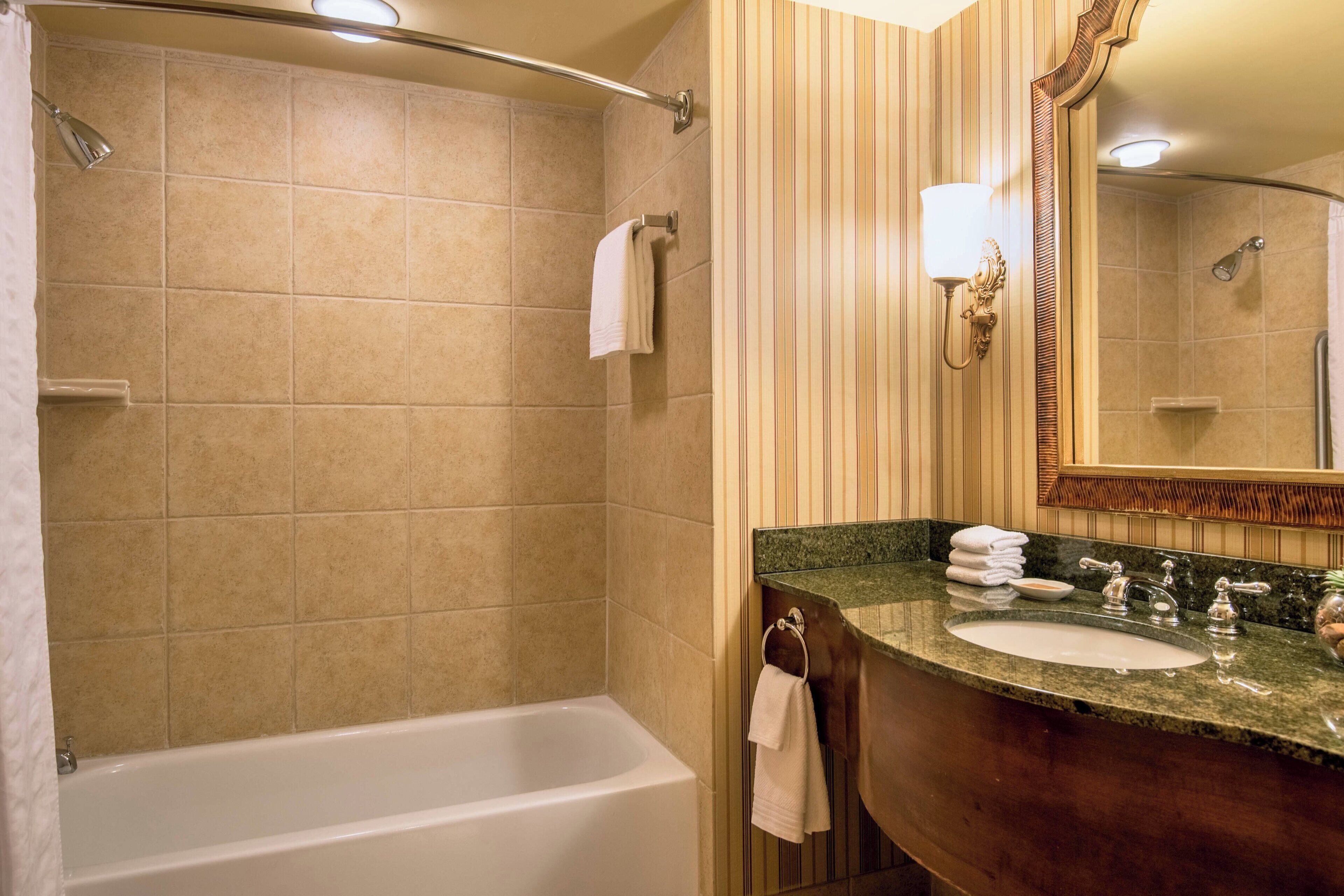 combined shower/bathtub, free toiletries, hair dryer, towels