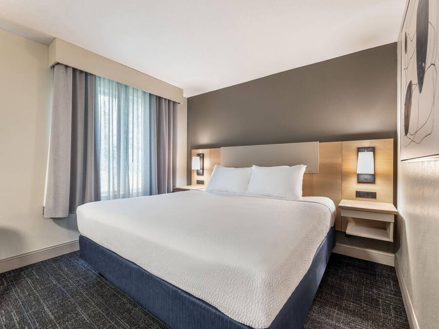 A hotel room with a large bed, a nightstand, a lamp, and a window with curtains.