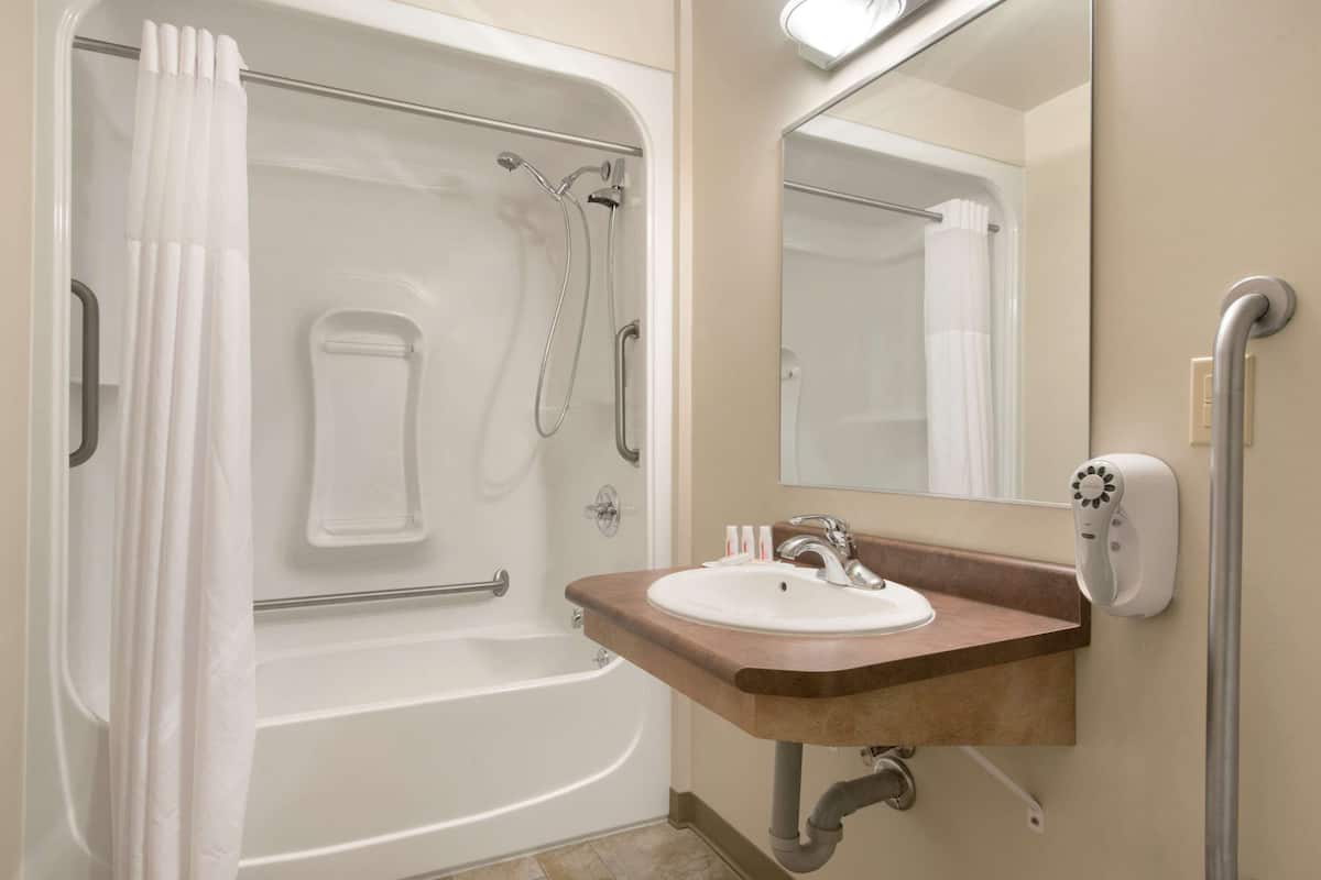 combined shower/bathtub, free toiletries, hair dryer, towels