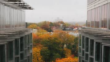 Een modern gebouw met een glazen gevel en uitzicht op herfstbomen.