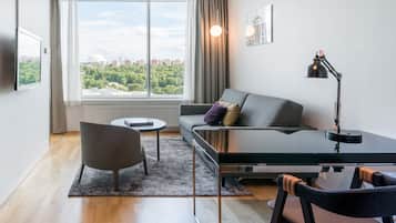 Minibar, desk, laptop workspace, iron/ironing board