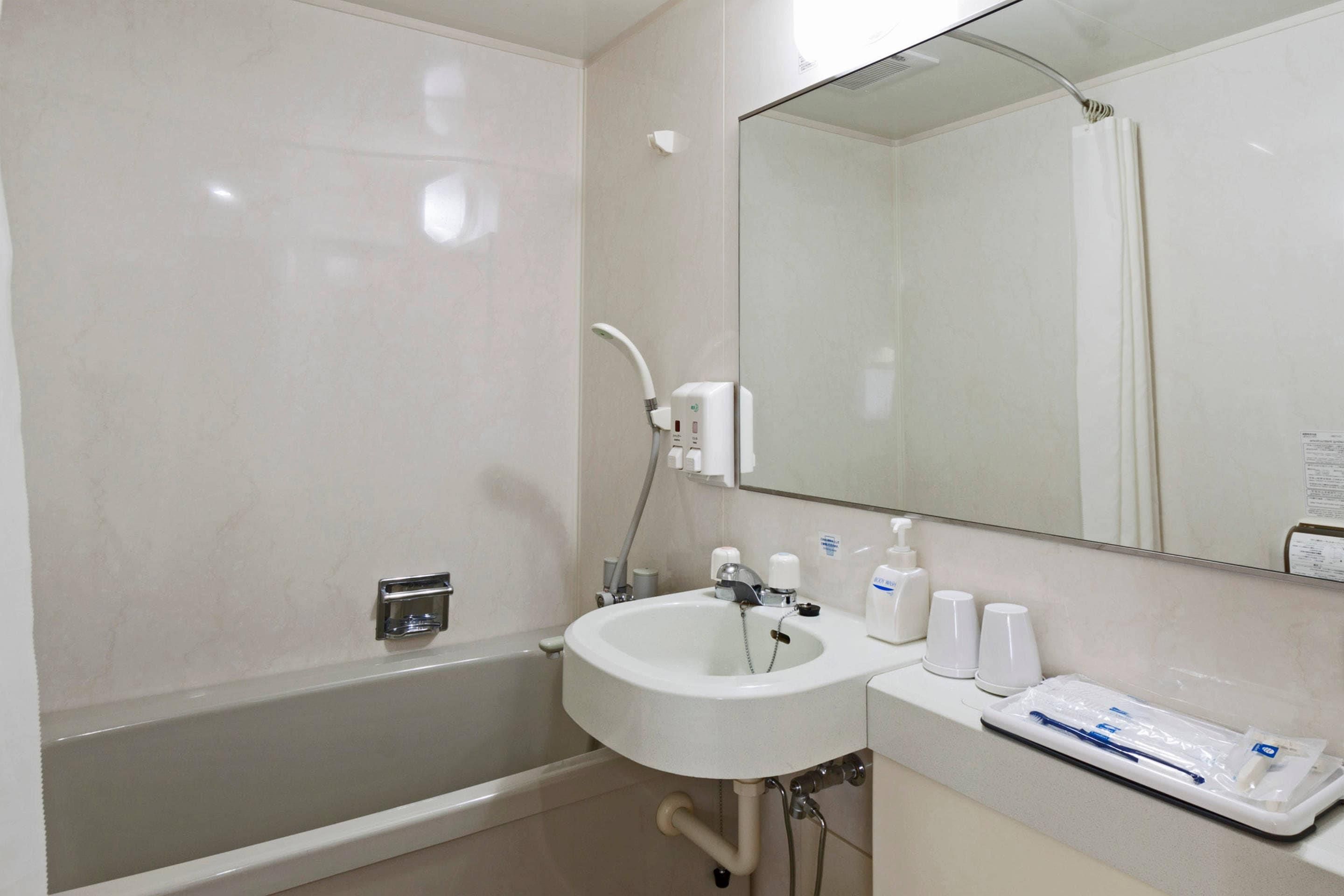 Un baño con bañera, lavamanos, espejo y artículos de aseo en la encimera.