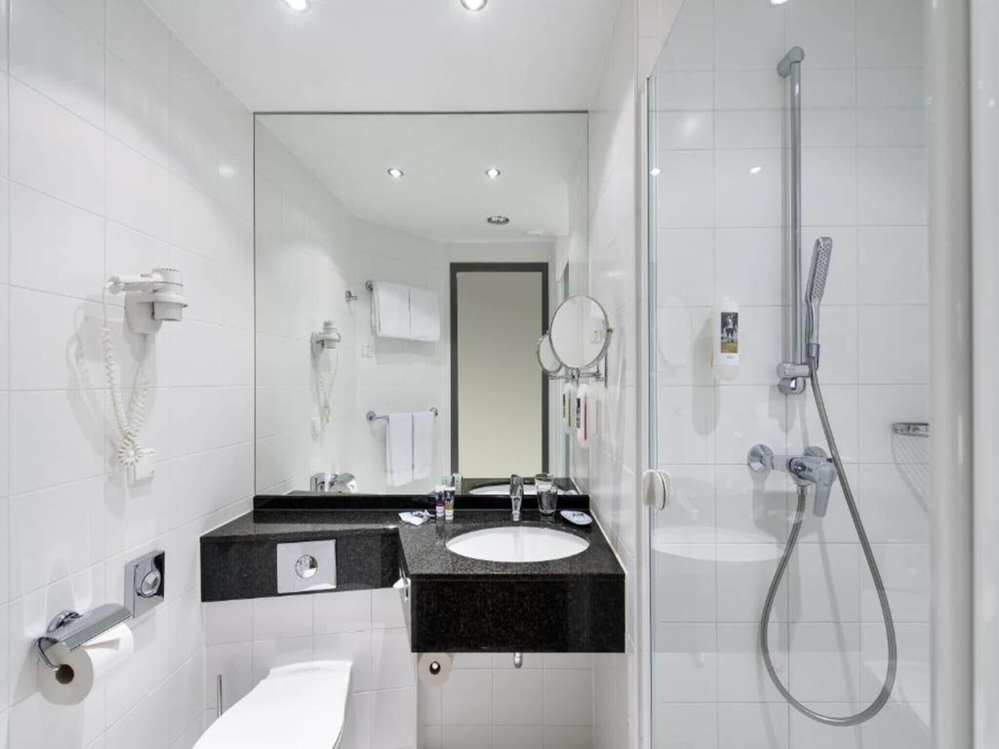 Une salle de bain moderne équipée d’une douche, d’un lavabo, de toilettes et d’un miroir.