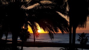 A beach scene with palm trees silhouetted against a sunset. - Seaside Palm Beach (San Bartolomé de Tirajana)