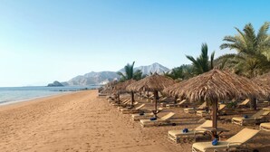 A beach with rows of sun loungers and thatched umbrellas, palm trees, and mountains in the background.