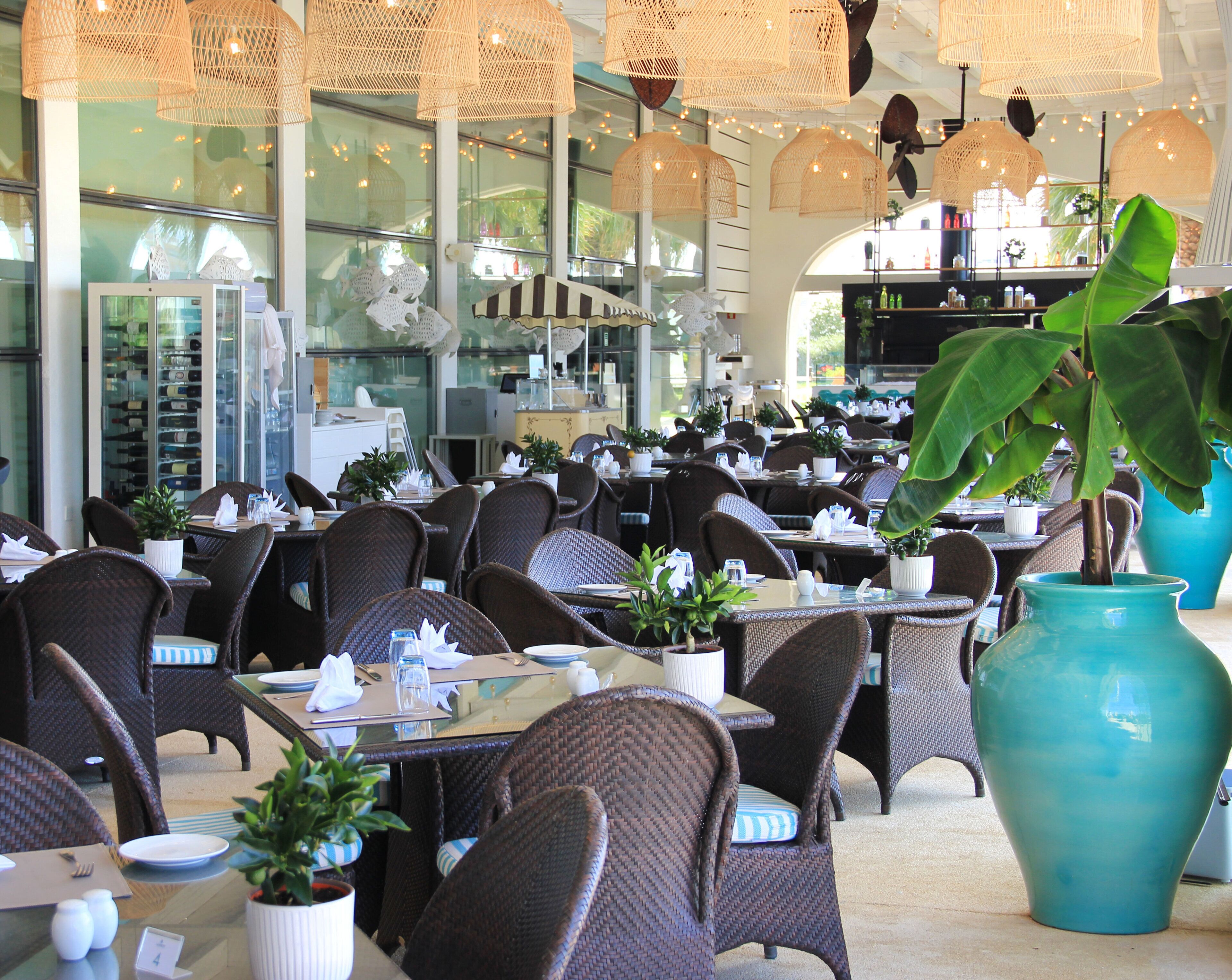 A restaurant with wicker furniture, tables set with white napkins, and large potted plants.