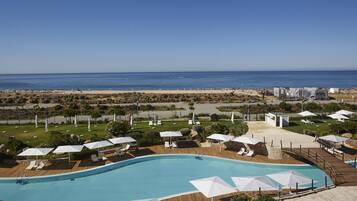 Indoor pool, outdoor pool, open 10:00 AM to 6:30 PM, pool umbrellas