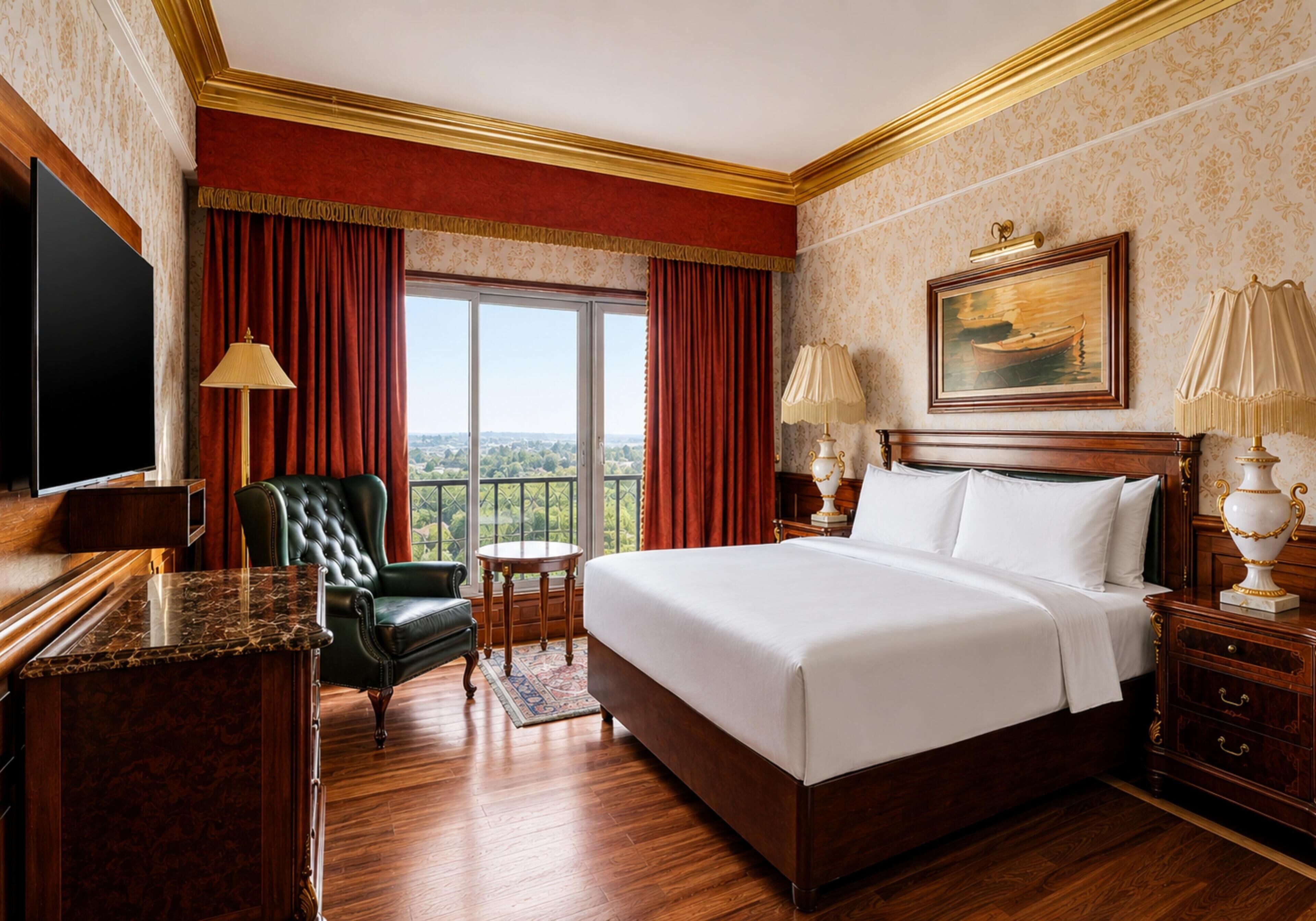A hotel room with a large bed, a television, a desk, a chair, and a painting on the wall.