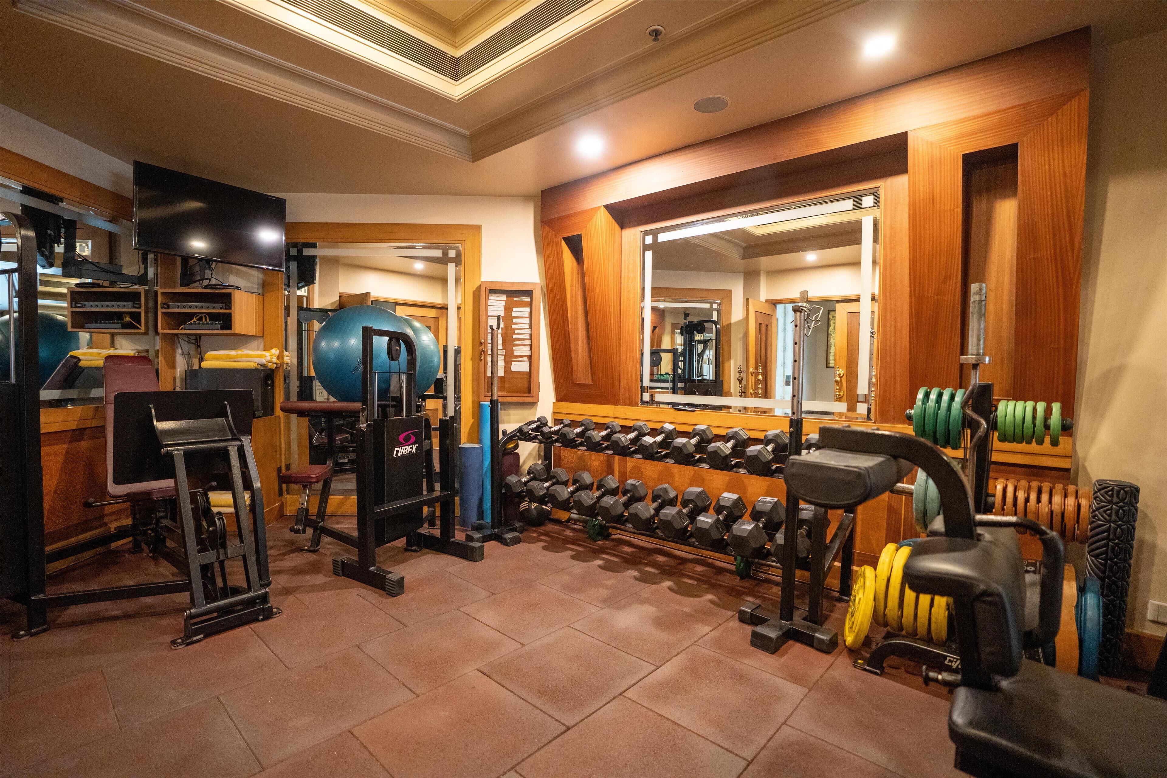 A gym with exercise equipment, a television, and a mirror.