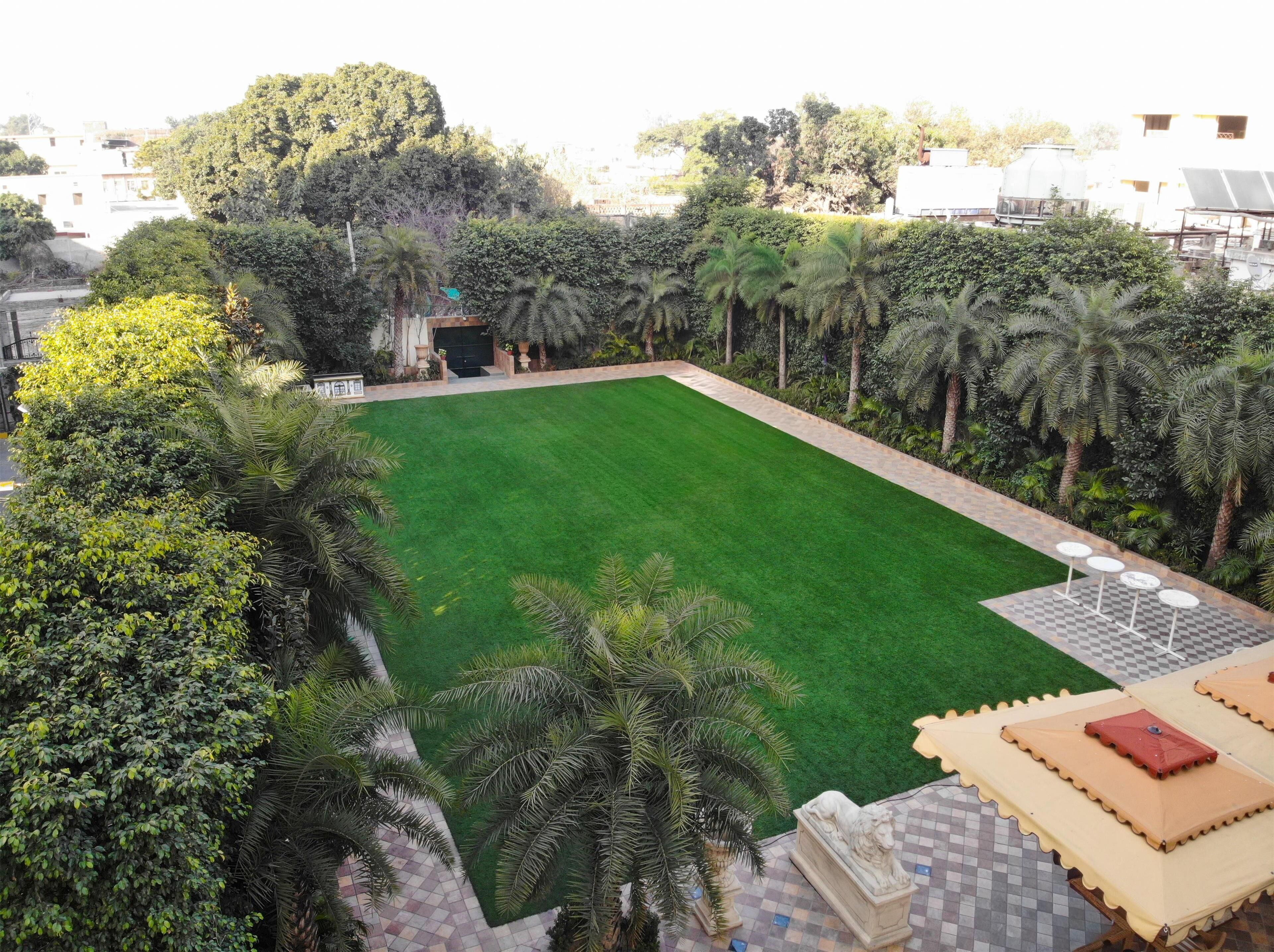 A courtyard with a green lawn, palm trees, and a statue.