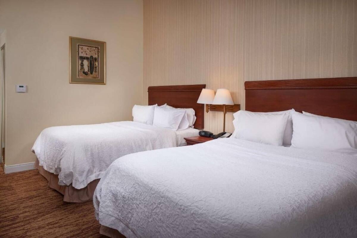 A hotel room with two beds, a nightstand, a lamp, and a framed picture on the wall.