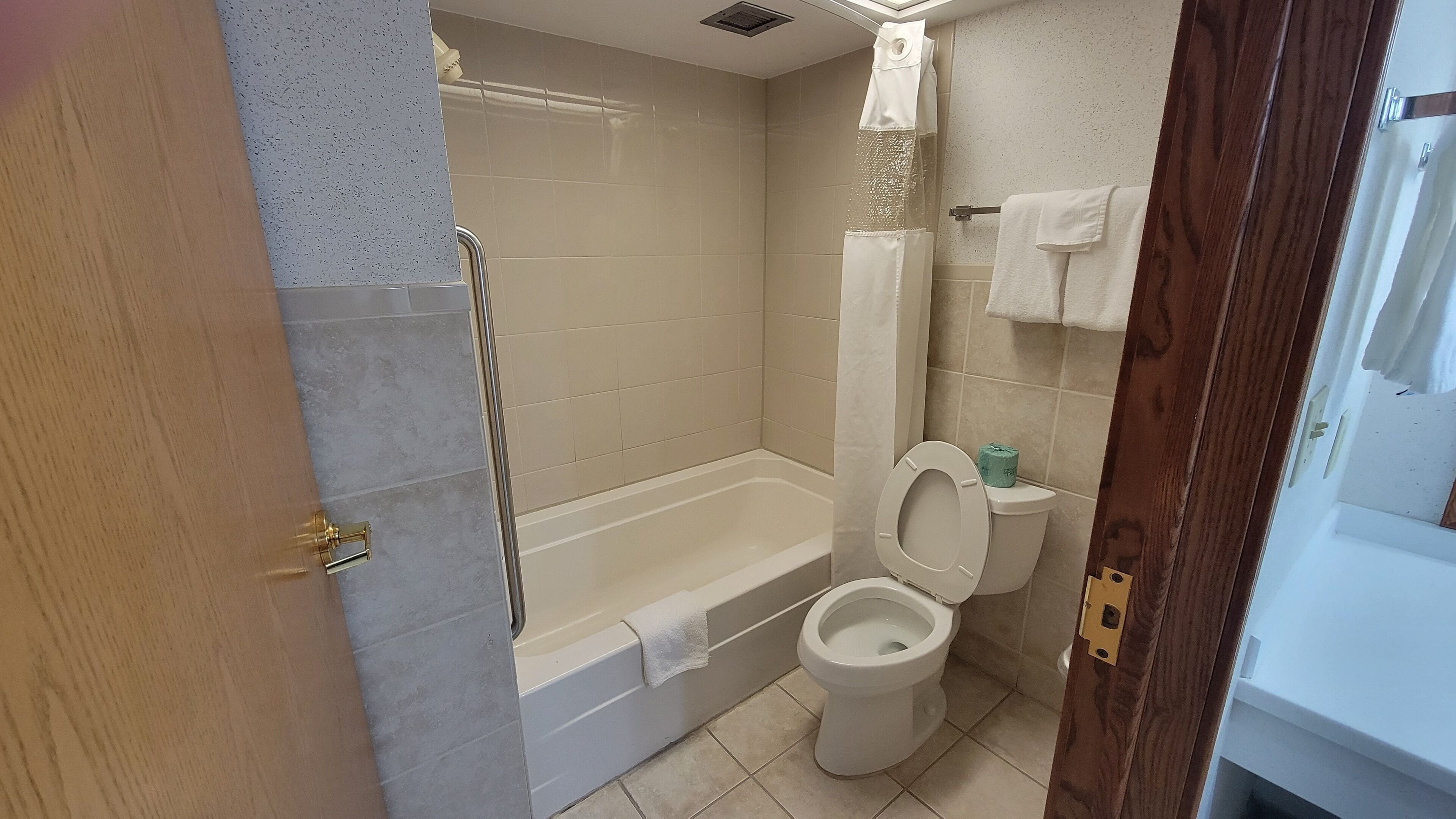 Un baño con bañera, inodoro y ducha.