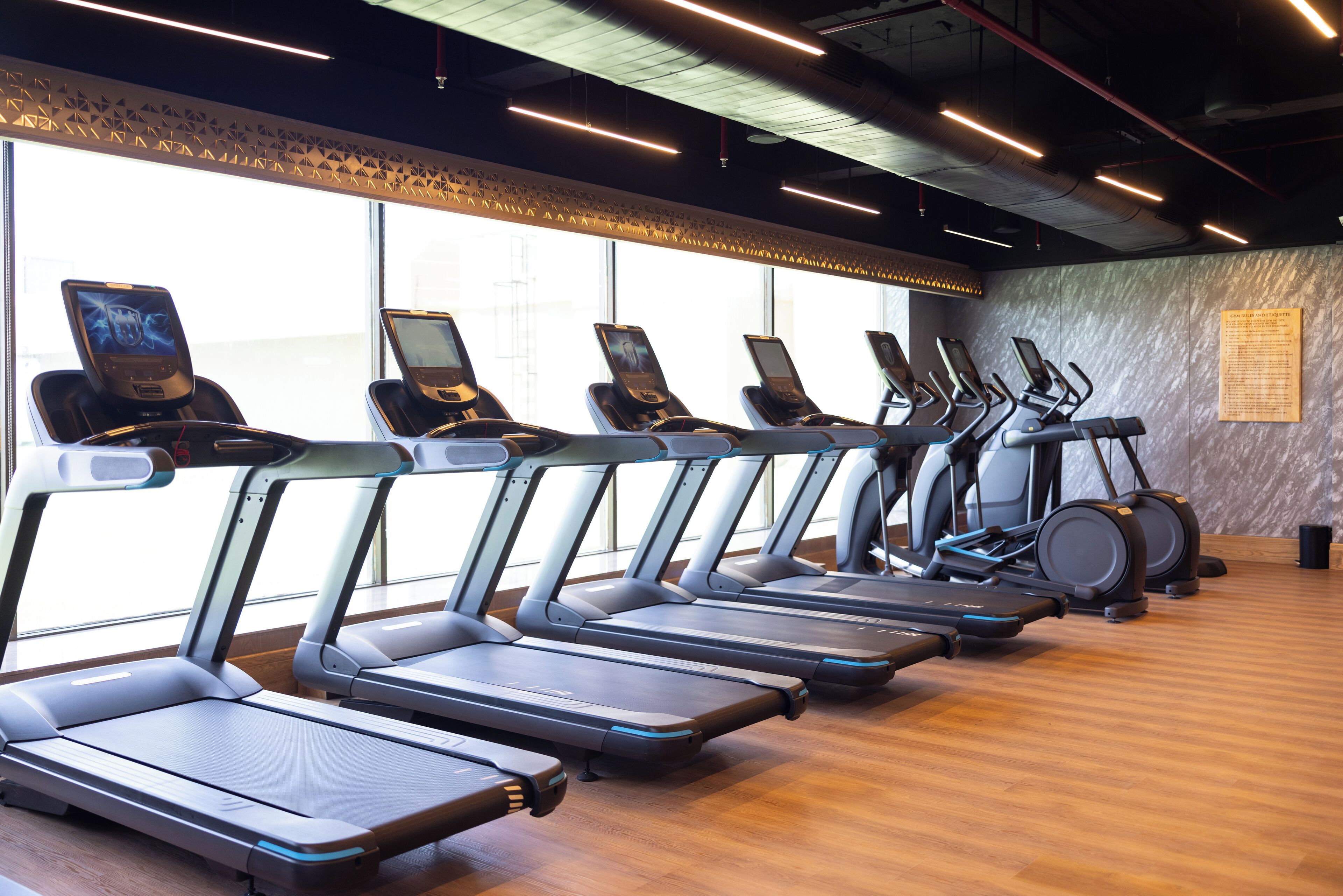 A row of treadmills and elliptical machines in a gym with wooden flooring and large windows.
