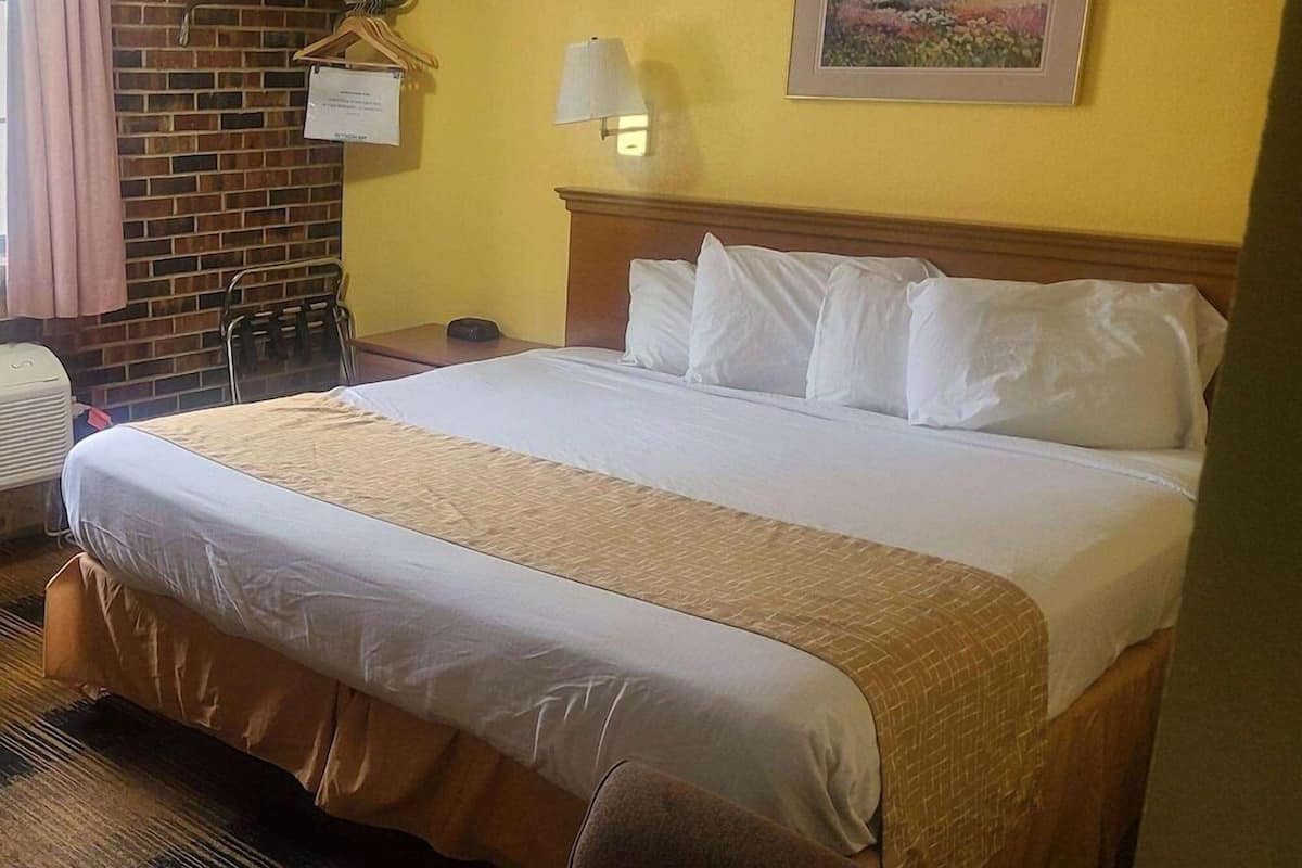 Une chambre dâhĂŽtel avec un grand lit, un mur en briques, une tĂȘte de lit en bois, une table de chevet, une lampe et un tableau accrochĂ© au mur.