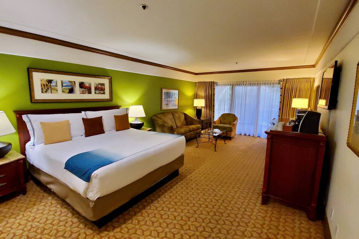 A hotel room with a large bed, a desk, a chair, and a TV.
