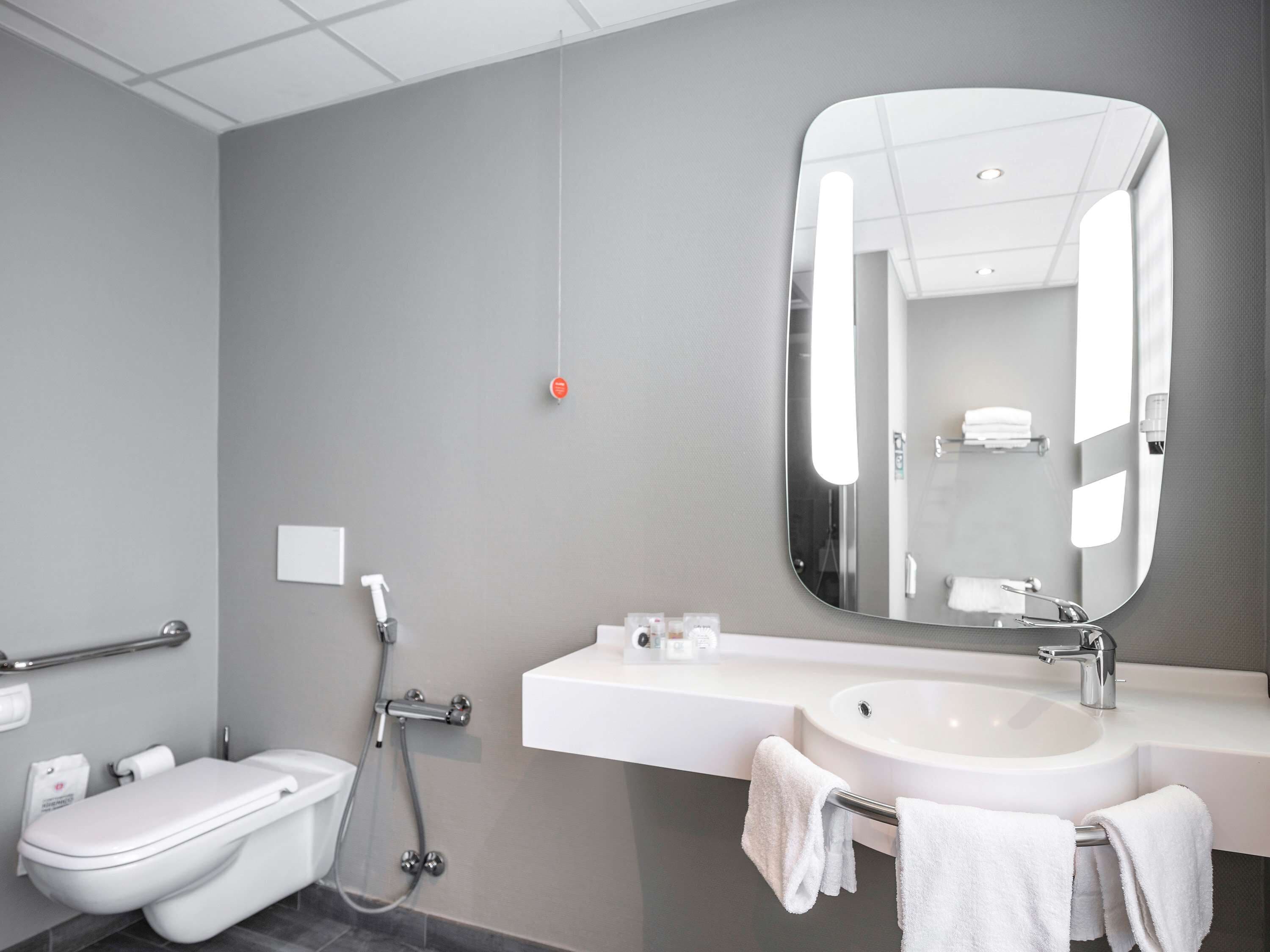 Ein modernes Badezimmer mit Toilette, Bidet, Waschbecken und einem großen Spiegel.