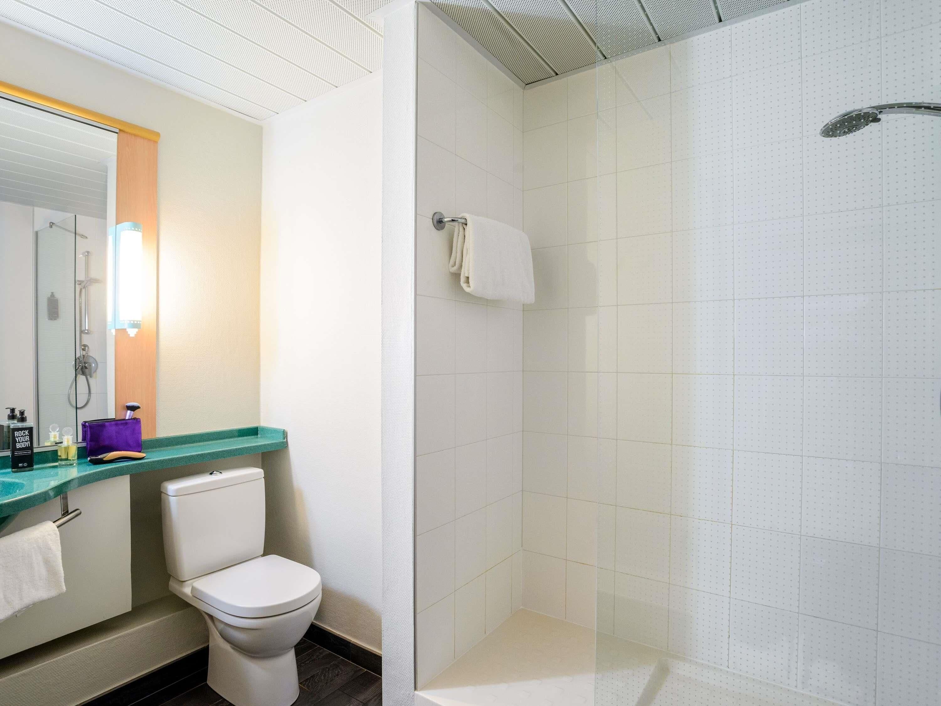 Een badkamer met toilet, douche en spiegel.