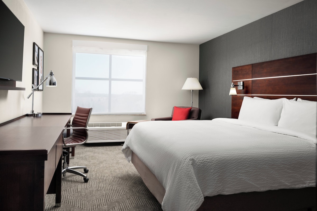 A hotel room with a large bed, a desk, a chair, a window, and a TV mounted on the wall.