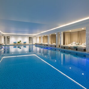 Indoor pool, seasonal outdoor pool, pool umbrellas, sun loungers