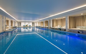 Indoor pool, seasonal outdoor pool, pool umbrellas, sun loungers