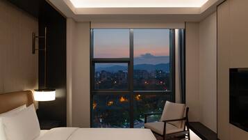 A hotel room with a large window, a bed, a chair, and a TV.