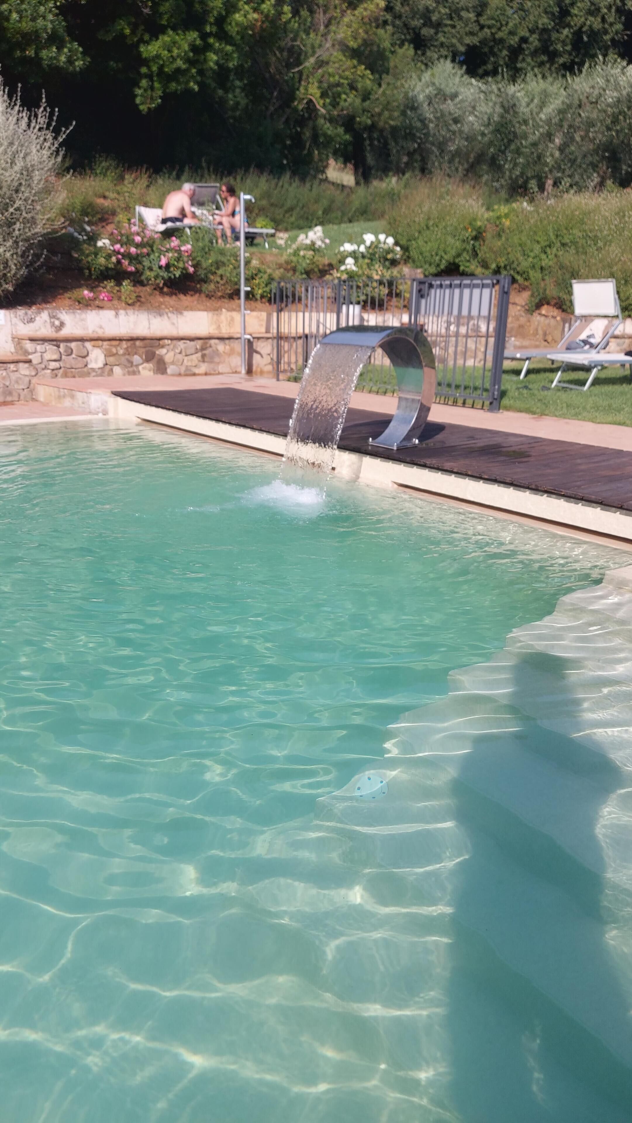 Une piscine agrémentée d’un élément décoratif aquatique.