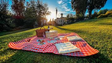 Un montaje para picnic en un campo cubierto de césped, con una manta de cuadros, comida y una cesta.
