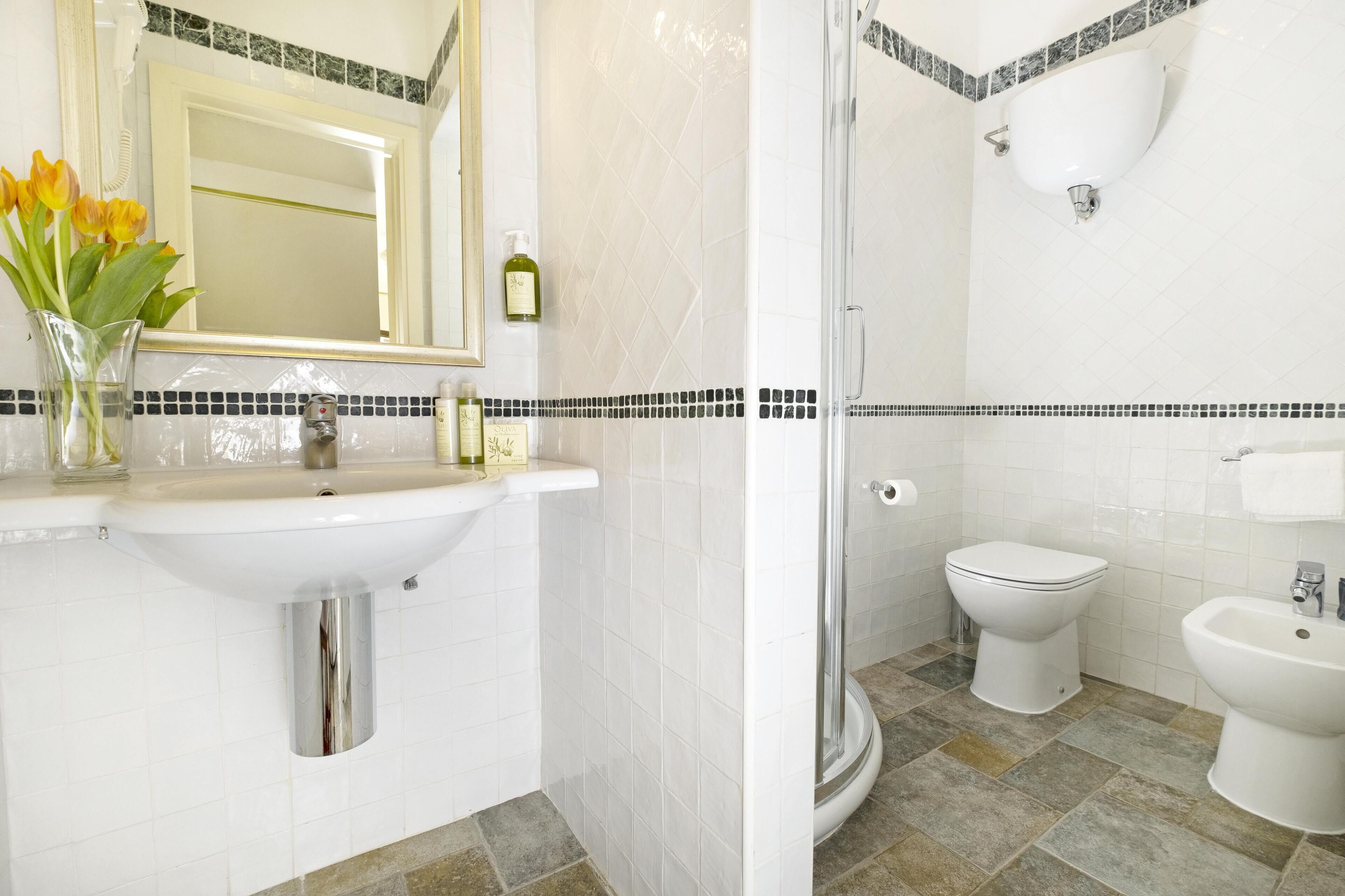 A bathroom with a sink, mirror, toilet, bidet, and shower.