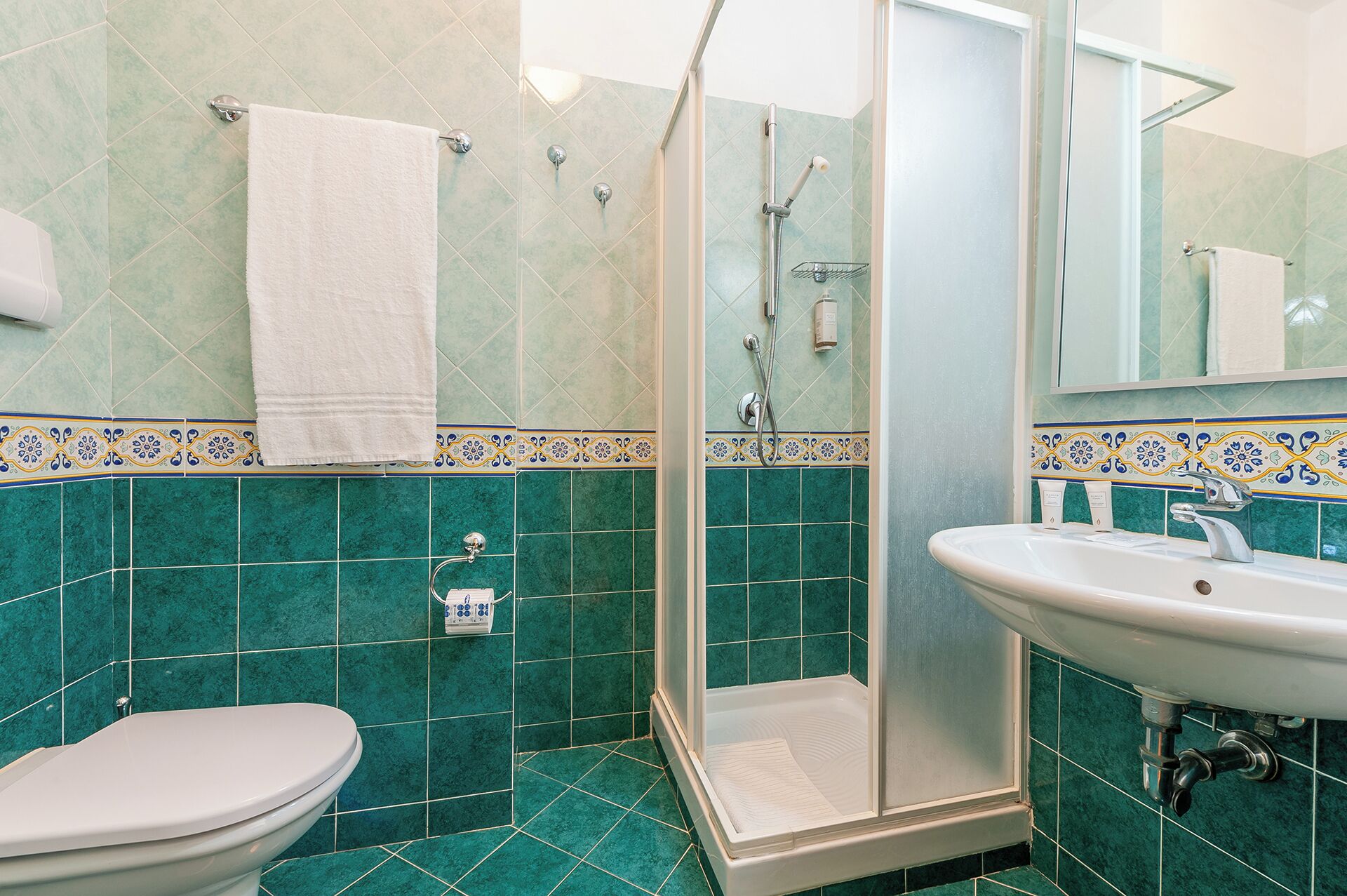 Une salle de bain avec douche, toilettes et lavabo.