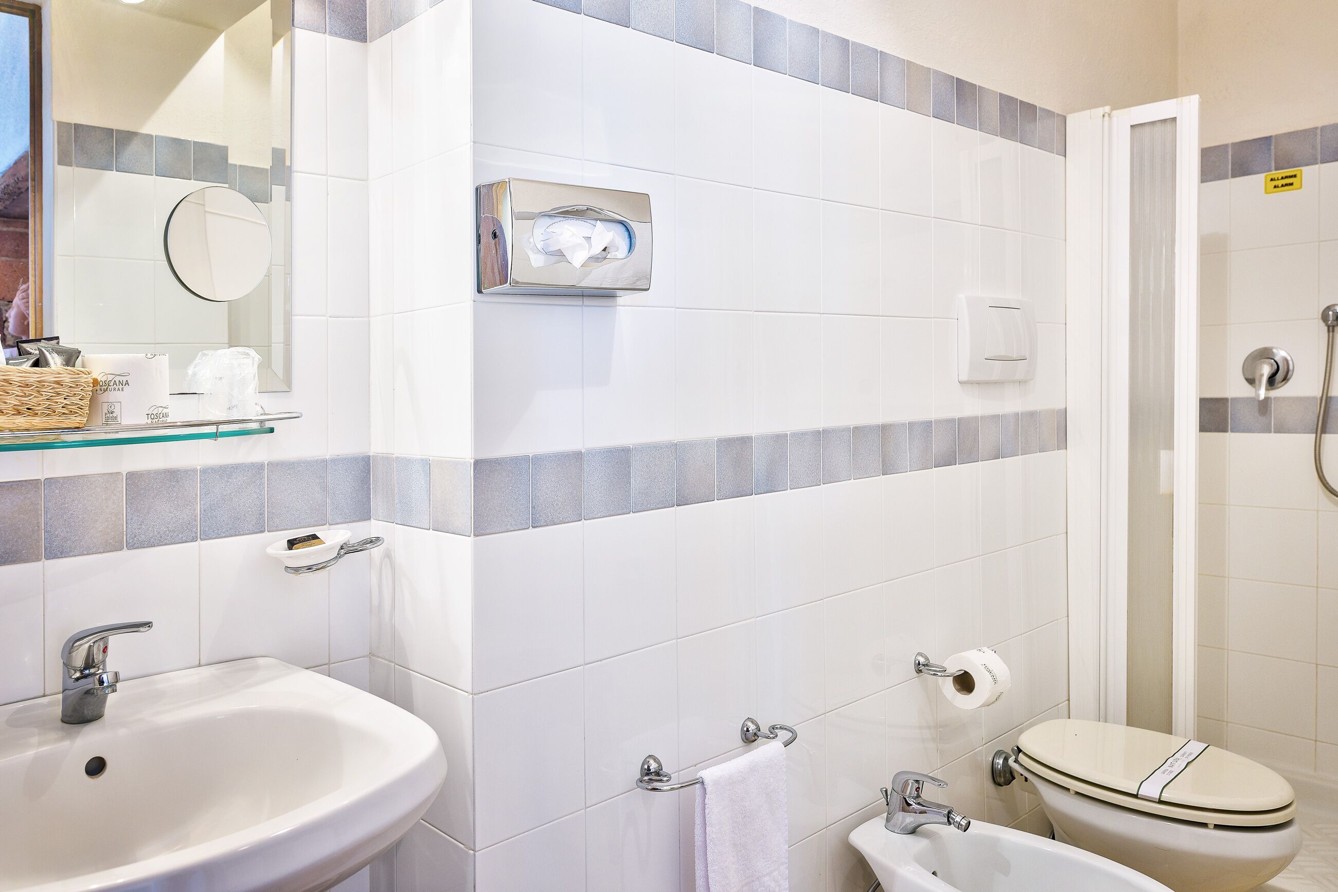 A bathroom with a sink, toilet, and shower.