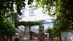 A courtyard with potted plants, a large vase, and a bench. - Hotel Tirreno Residence (Procida)