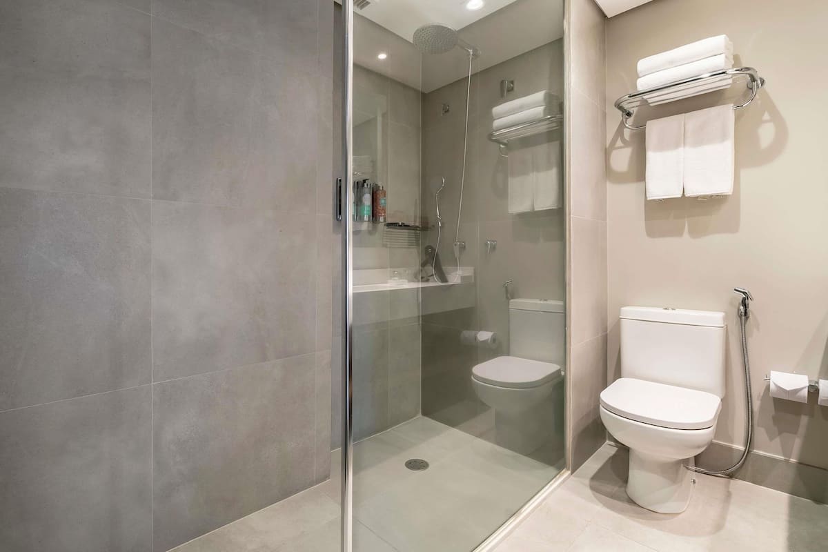 A modern bathroom with a glass-enclosed shower, a toilet, and a towel rack.