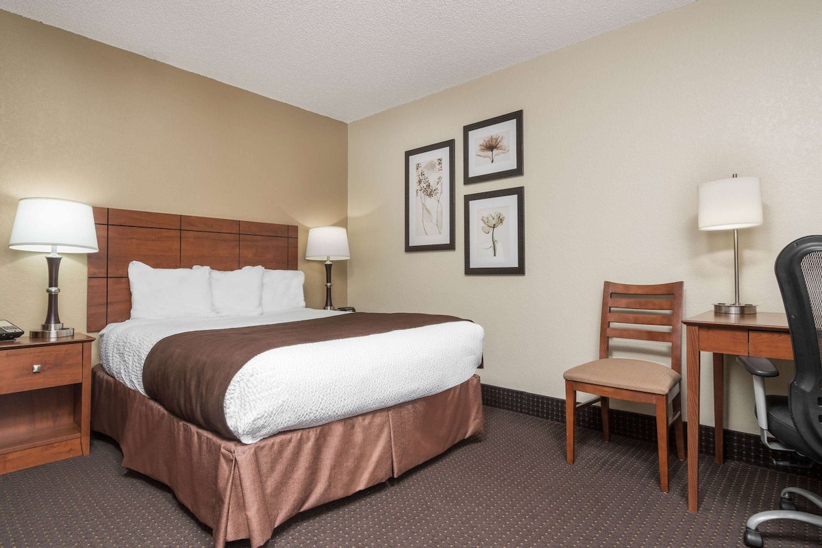 A hotel room with a bed, a desk, a chair, and two lamps.