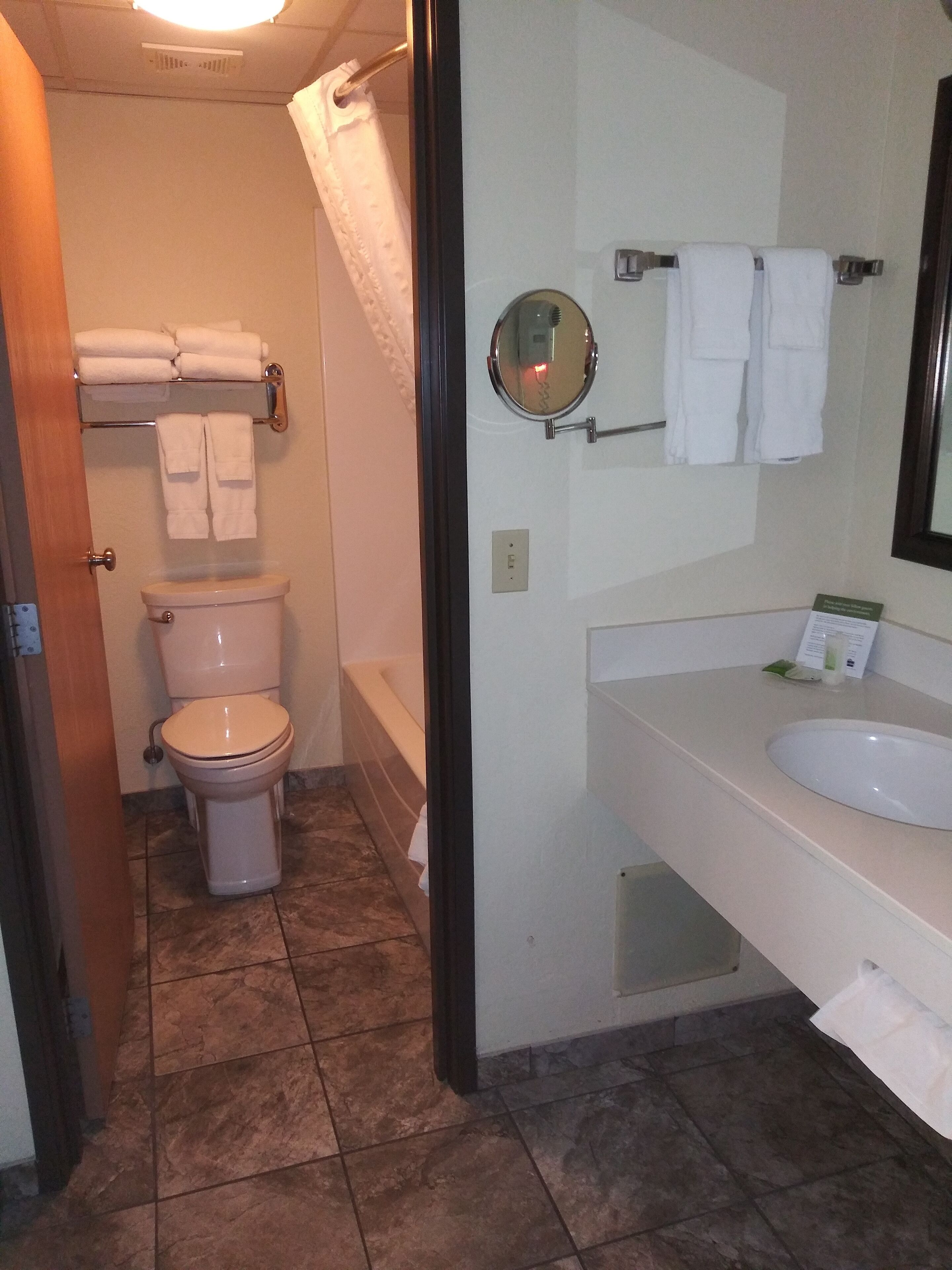combined shower/bathtub, free toiletries, hair dryer, towels