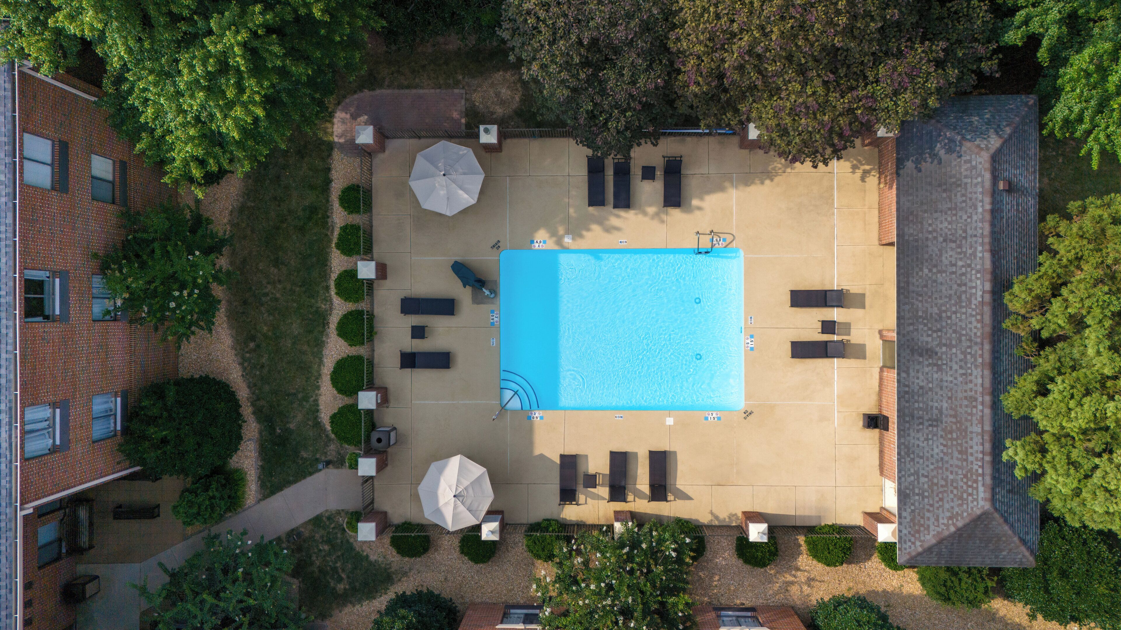 seasonal outdoor pool, open 10 am to 8 pm, pool umbrellas, pool loungers