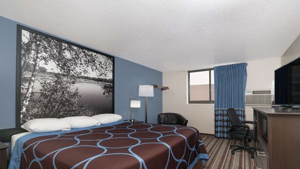 Habitación de hotel con una cama grande, un escritorio, una silla, un televisor y una ventana con cortinas.