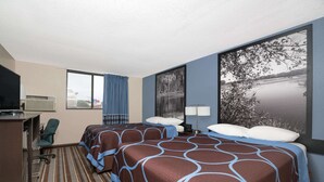 Habitación de hotel con dos camas, un escritorio con una silla, televisor y ventana con vista a un cuerpo de agua.