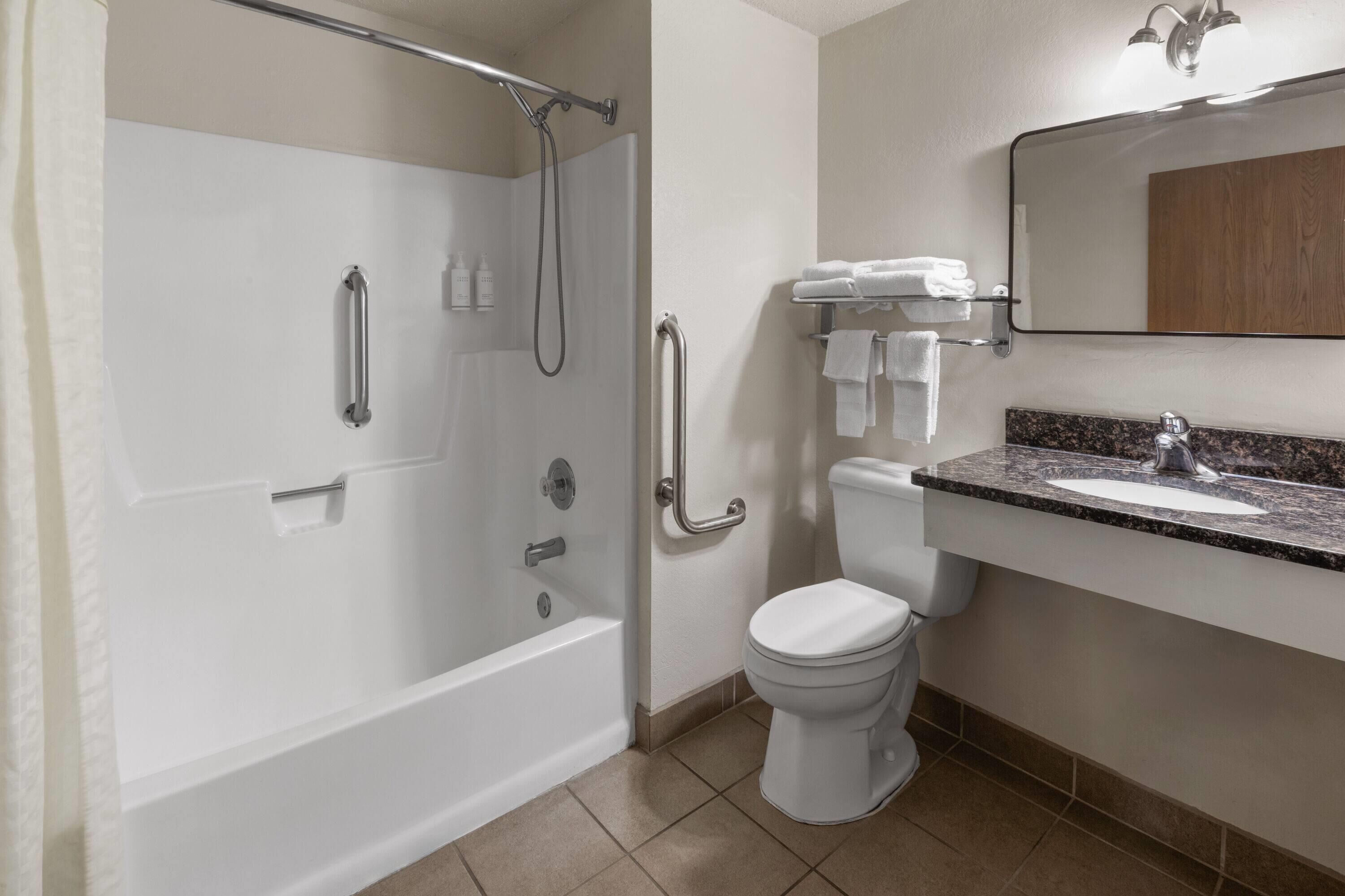 Ein modernes Badezimmer mit barrierefreier Dusche, Haltegriffen, Toilette und Waschbecken mit Spiegel darüber.