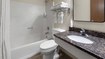 Room, 2 Queen Beds, Smoking | Bathroom | Combined shower/tub, free toiletries, hair dryer, towels