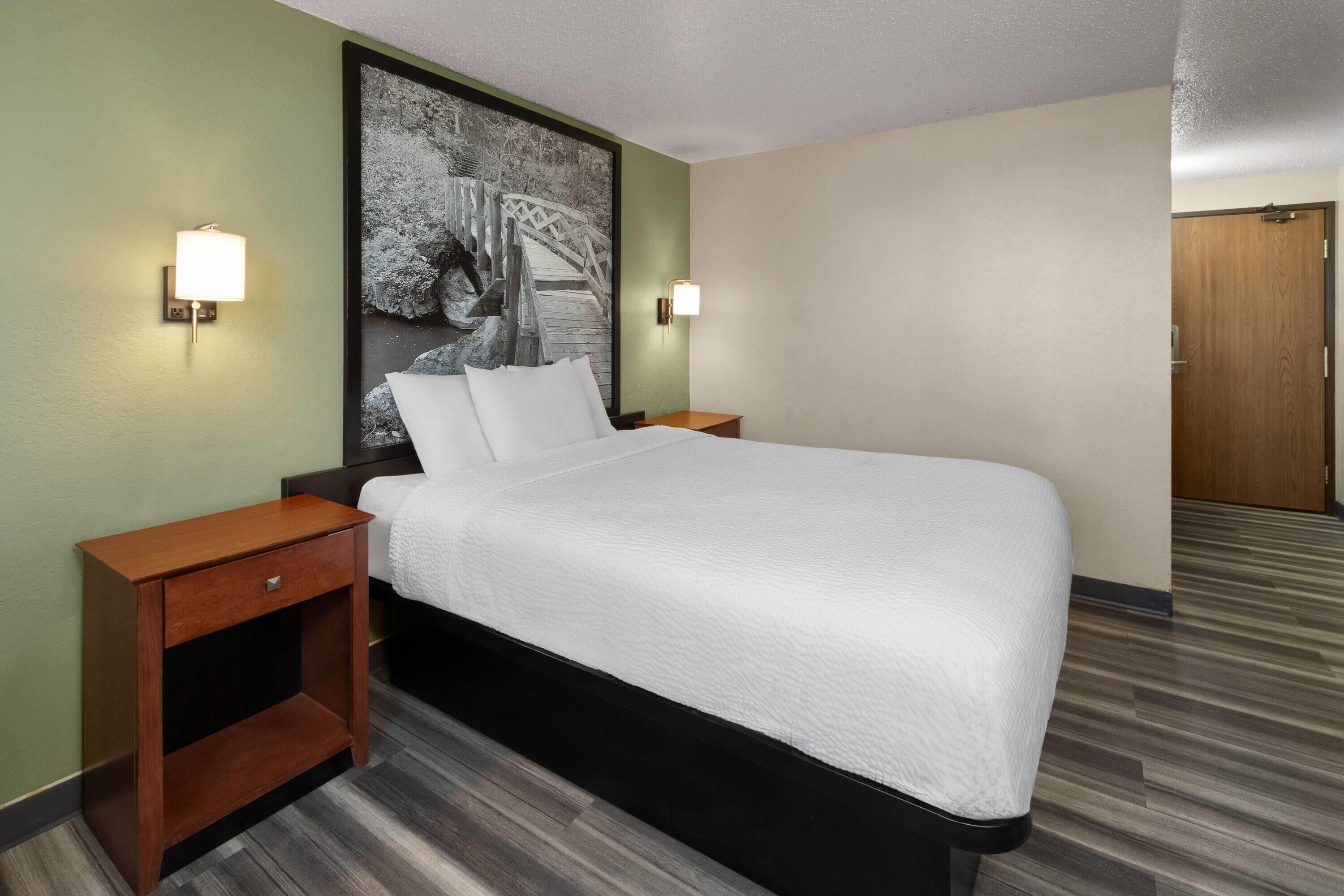A hotel room with a large bed, two bedside tables, a nightstand, a wall-mounted lamp, and a framed picture above the bed.